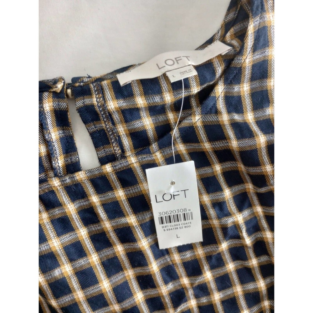 NWT LOFT Ann Taylor Women's L Navy & gold loose fit plaid blouse long sleeve top - Picture 5 of 8